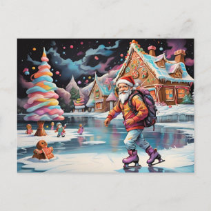 Santa ice skating Psychedelic colors Holiday Postcard