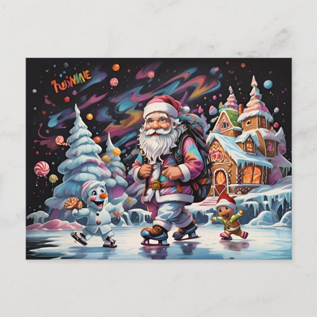 Santa ice skating Psychedelic colors Postcard (Front)