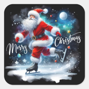 Santa Ice Skating Under the Moon Dark Background. Square Sticker