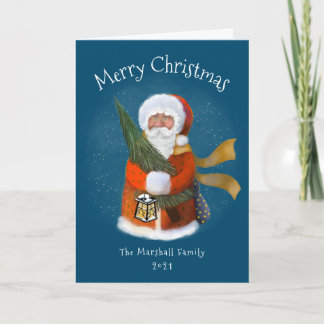 Santa Illustration Navy Blue Non-Photo Holiday Card