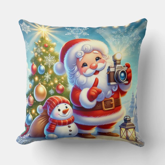 Santa  in a Festive Christmas Scene Throw Pillow (Front)