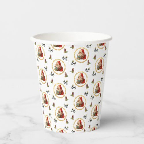 Santa in a Gold Wreath with Christmas Elements Paper Cups
