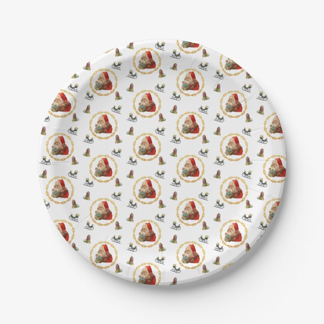 Santa in a Gold Wreath with Christmas Elements Paper Plates (Front)