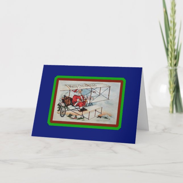 Santa in Bi-Plane - Vintage Christmas Card (Front)