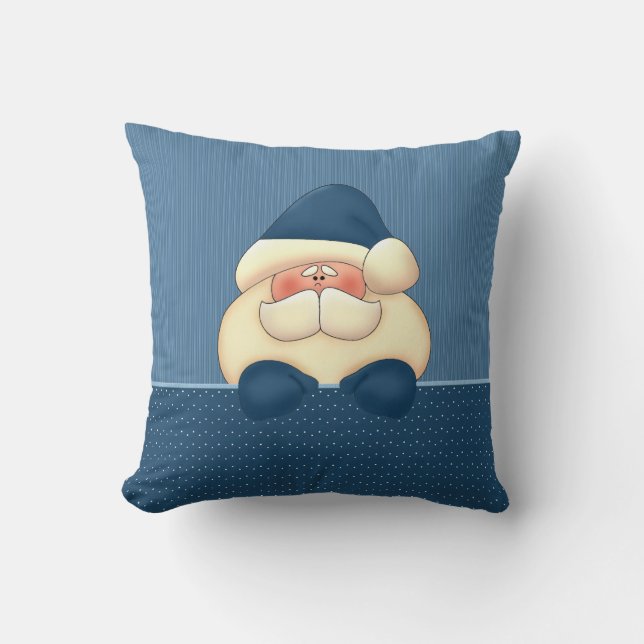 Santa in Blue and Winter White Christmas Throw Pillow (Front)