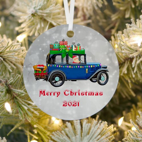 Santa in Blue Car Christmas Ornament  Kids 