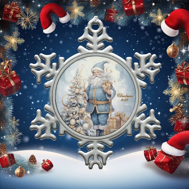 Santa In Blue With Gold Gifts Winter Snowflake Pewter Christmas Ornament (Creator Uploaded)
