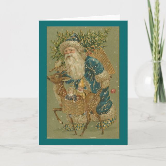 Santa in Blue with Reindeer Christmas Card (Front)