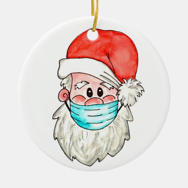 Santa in facemask christmas holiday tree dec ceramic ornament (Front)