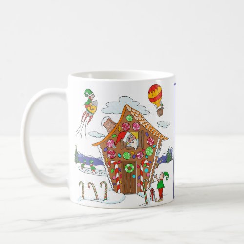 Santa in Gingerbread House with Elves Colorful Coffee Mug