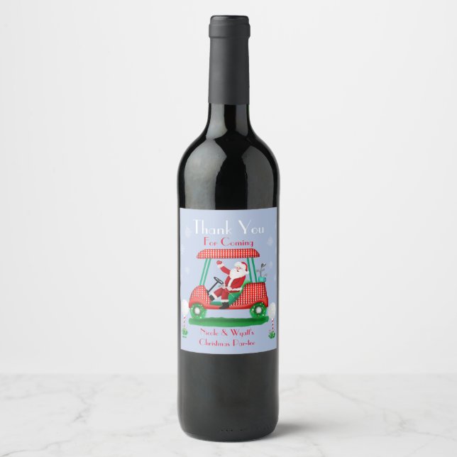 Santa In Golf Cart Christmas Party Thank You  Wine Label (Front)