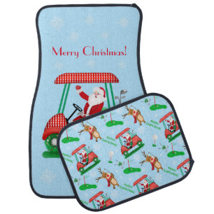 Santa In Golf Cart Christmas With Snowflakes Car Floor Mat