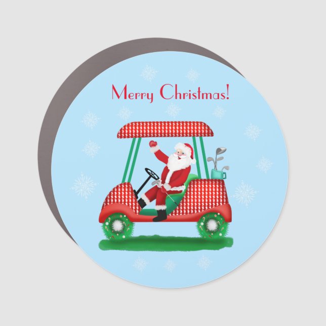 Santa In Golf Cart Christmas With Snowflakes  Car Magnet (Front)
