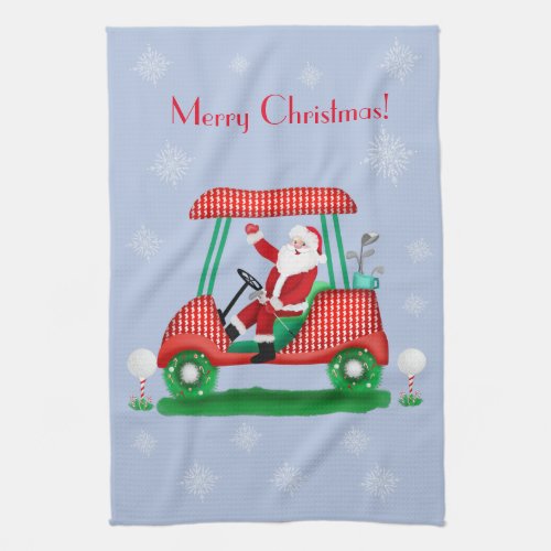 Santa In Golf Cart Merry Christmas Kitchen Towel