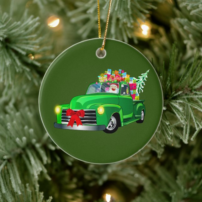 Santa in Green Pickup Truck Ceramic Ornament (Tree)