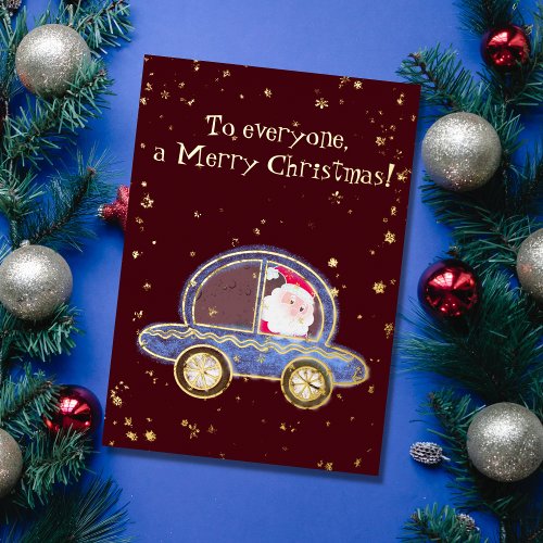 Santa in his car at Christmas Foil Holiday Card