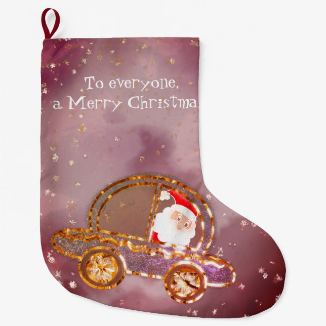 Santa in his car at Christmas Large Christmas Stocking (Front)