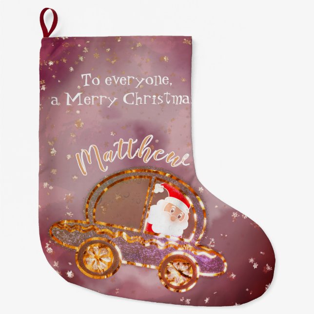 Santa in his car at Christmas personalized Large Christmas Stocking (Front)