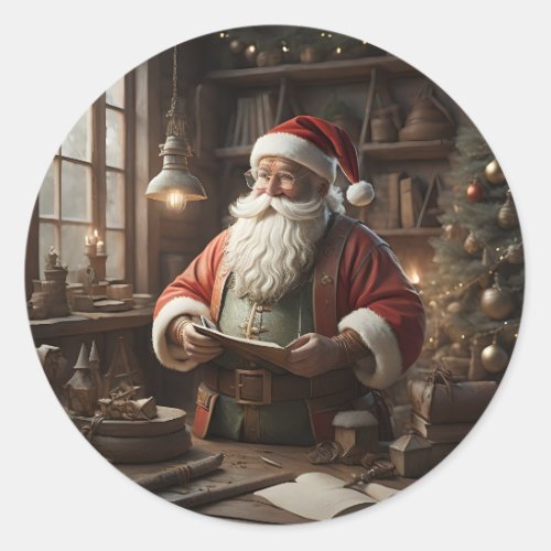 Santa In His Workshop Christmas Elf Classic Round Sticker