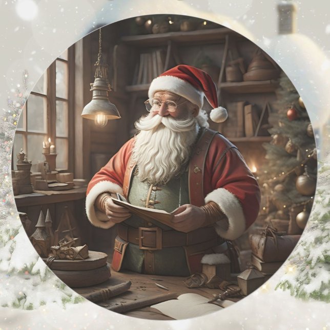 Santa In His Workshop Christmas Elf Classic Round Sticker (Creator Uploaded)