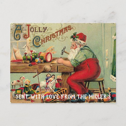 Santa In his Workshop Making Toys Vintage Postcard