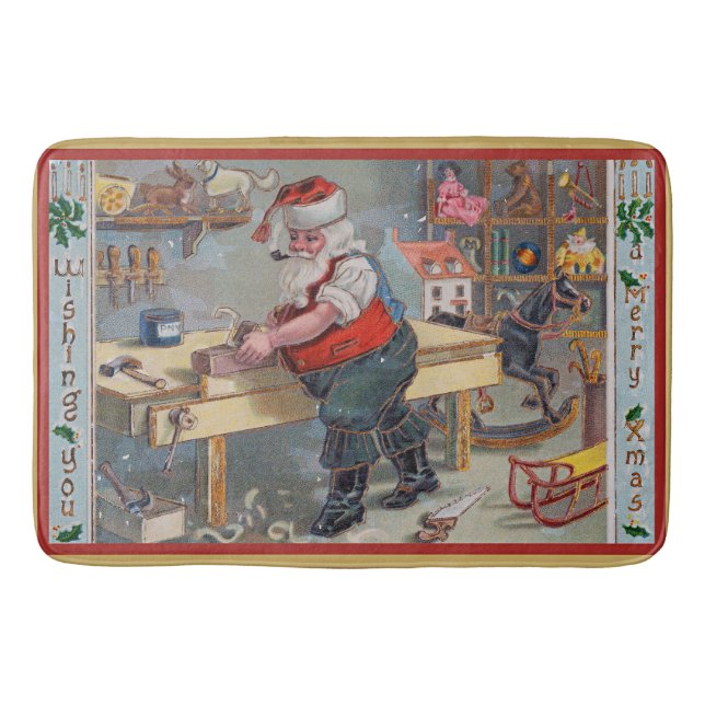 Santa in his Workshop, Merry Christmas, Bath Mat (Front)