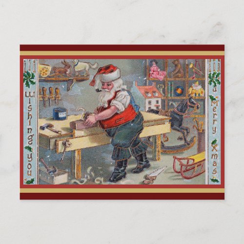 Santa in his Workshop Merry Christmas Postcard