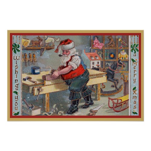 Santa in his Workshop Merry Christmas Poster