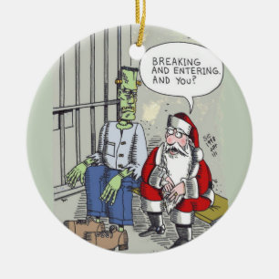 Santa In Jail round ceramic ornament
