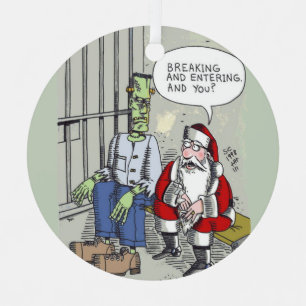Santa In Jail round metal ornament