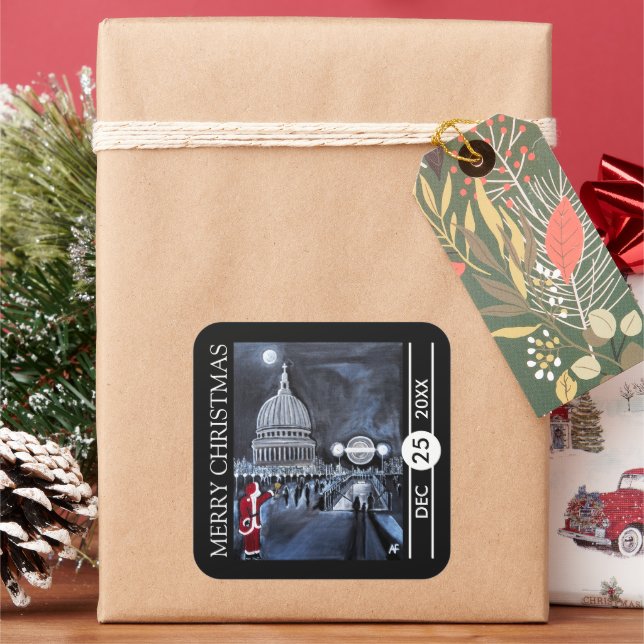 Santa in London Christmas Square Sticker (Holiday)