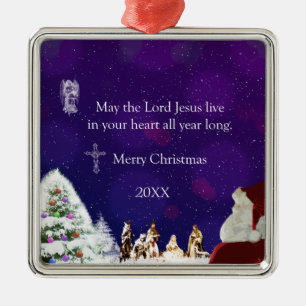 Santa in Nativity Metal Ornament