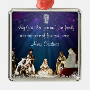 Santa in Nativity Metal Ornament