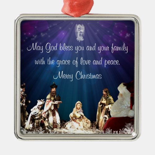 Santa in Nativity Metal Ornament