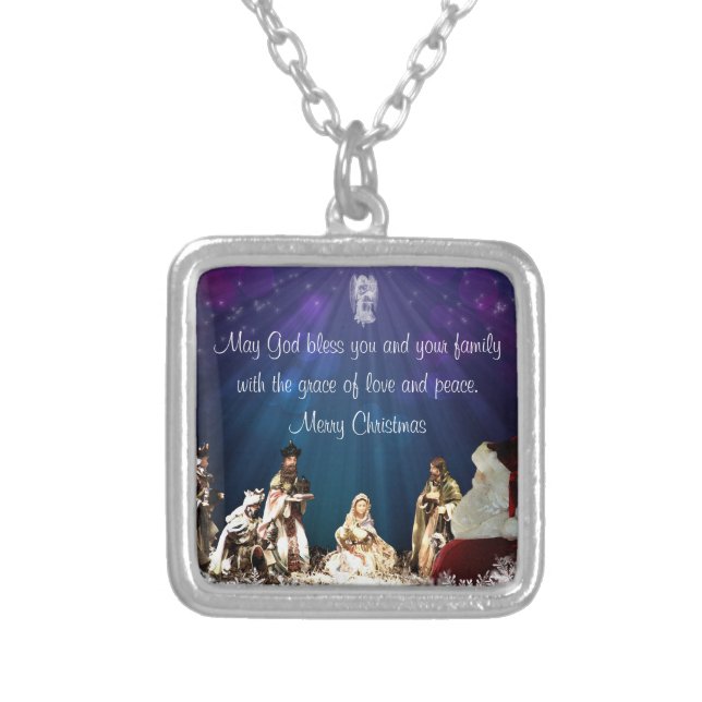 Santa in Nativity Silver Plated Necklace (Front)