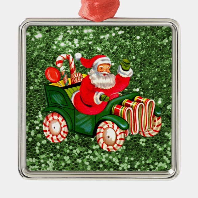 Santa in Peppermint Candy Car Green Faux Glitter Metal Ornament (Front)