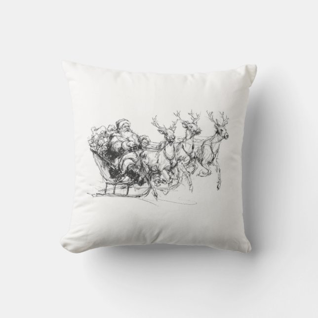 Santa in Sleigh – Minimal Christmas Sketch Throw Pillow (Front)