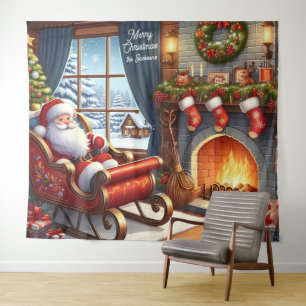 Santa in Sleigh Resting by Fireplace Backdrop