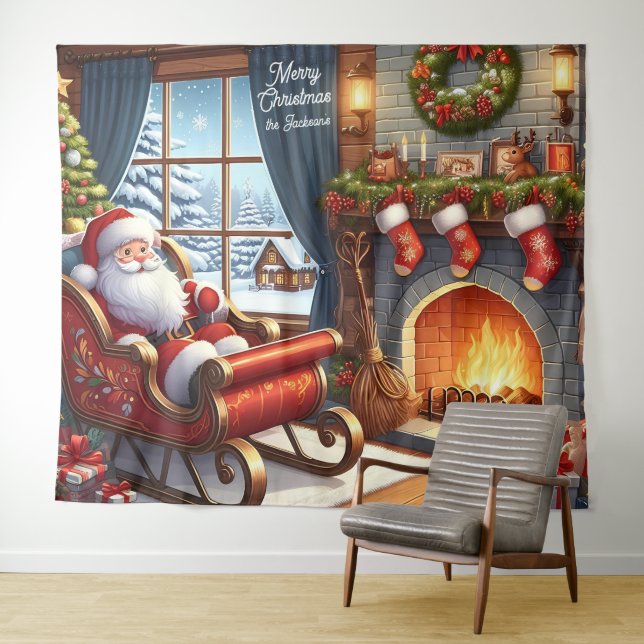 Santa in Sleigh Resting by Fireplace Backdrop (In Situ (Horizontal))