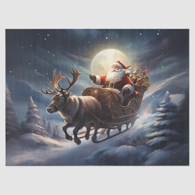 Santa in Sleigh Under Moonlit Sky Decoupage Craft  Tissue Paper (Front)