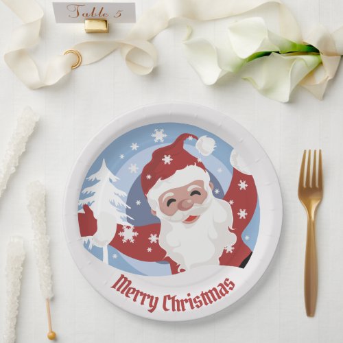 Santa in snow with snowflakes cartoon holiday paper plates
