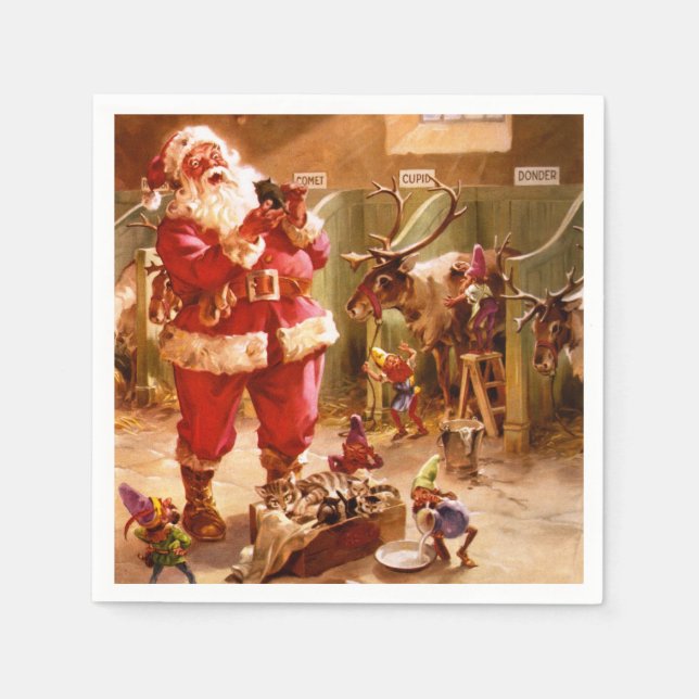 Santa in the Reindeer Barn Napkins (Front)