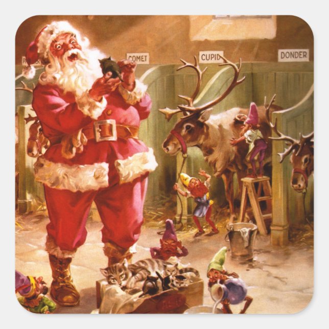 Santa in the Reindeer Barn Square Sticker (Front)