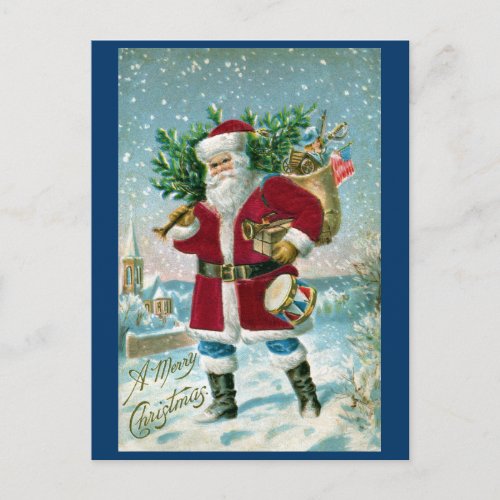 Santa in the Snow Carrying Drum and Tree Holiday Postcard