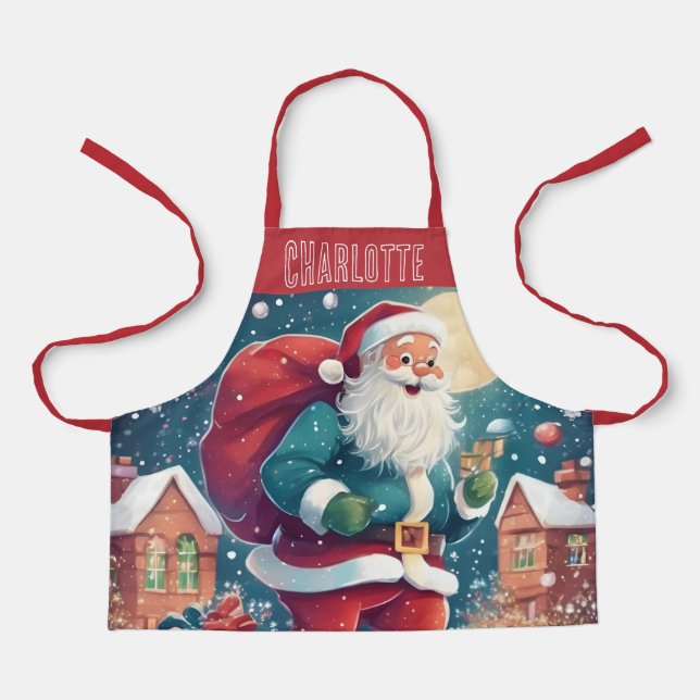 Santa In The Snow Kids Christmas Holiday Apron (Front)