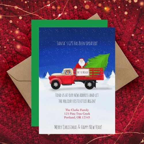 Santa In Vintage Truck With Christmas Tree Moving Announcement