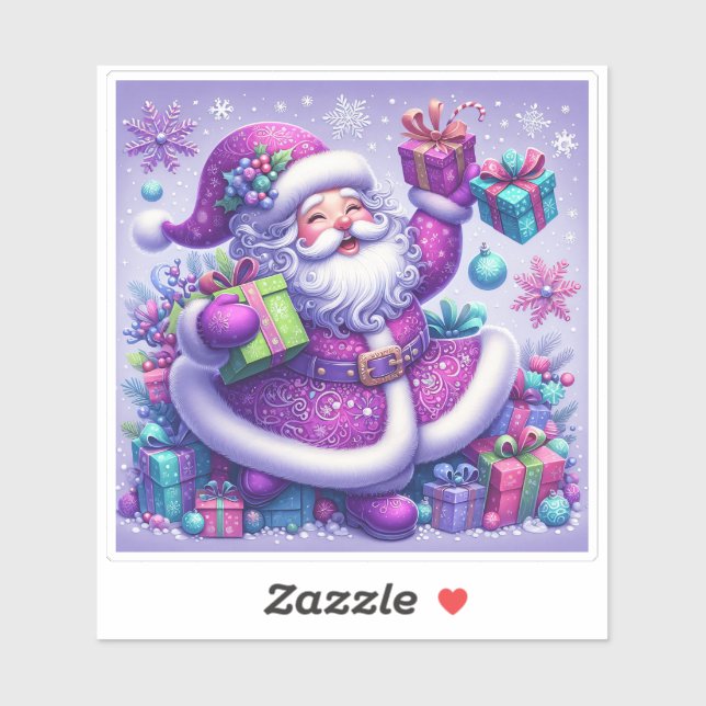 Santa in Violet Surrounded by Gifts Sticker (Sheet)