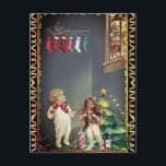 Santa in Window Children Night Before Christmas Postcard<br><div class="desc">Santa peeks into the window and the children on the Eve of Christmas are ready for him with a Christmas tree and gifts
Vintage-based card with Zaralla additions</div>