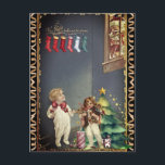 Santa in Window Children Night Before Christmas Postcard<br><div class="desc">Santa peeks into the window and the children on the Eve of Christmas are ready for him with a Christmas tree and gifts
Vintage-based card with Zaralla additions</div>