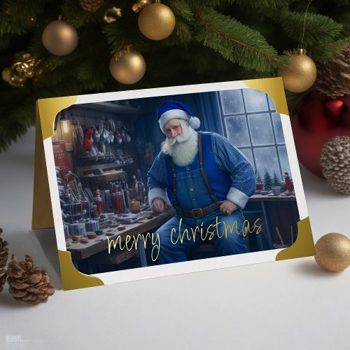 Santa in Workshop Blue Holiday Card